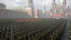 A Large Group Of Soldiers Are Standing In Front Of A Building Wallpaper