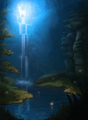 A Magical Deer Stands Beside A Majestic Waterfall. Wallpaper