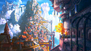 A Majestic Fantasy City Surrounded By A Castle And Mountains. Wallpaper