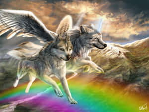 A Majestic Rainbow Wolf Striding Away From The Viewer. Wallpaper