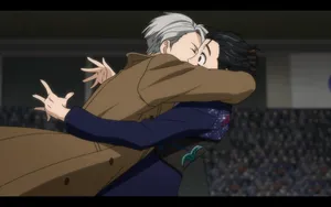 A Man And Woman Hugging In An Anime Stadium Wallpaper