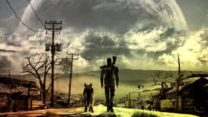 A Man And Woman Walking Down A Street With A Large Moon Wallpaper