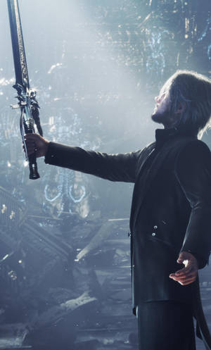 A Man Holding A Sword In Front Of A Dark Scene Wallpaper