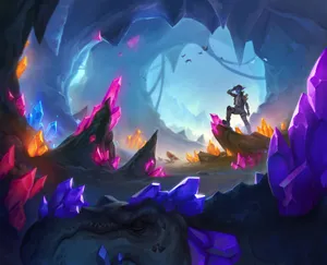 A Man In A Cave With A Lot Of Crystals Wallpaper