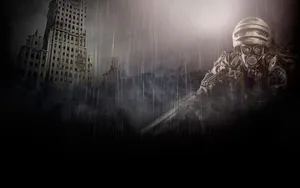 A Man In A Gas Mask Is Standing In Front Of A Building Wallpaper