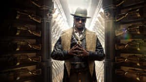 A Man In A Hat And Coat Standing In Front Of A Wall Of Guns Wallpaper