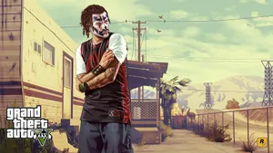 A Man In A Mask Is Standing In Front Of A Building Wallpaper