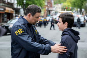 A Man In A Police Jacket Is Talking To A Young Boy Wallpaper