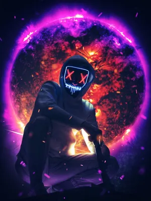 A Man In A Purple Mask Is Sitting On A Purple Planet Wallpaper