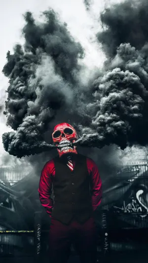 A Man In A Red Suit Standing In Front Of A Black Smoke Wallpaper