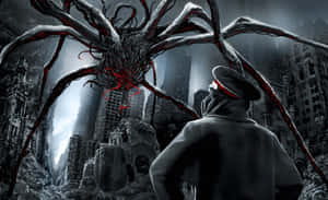 A Man In A Suit Is Standing Next To A Giant Spider Wallpaper