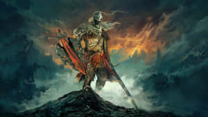A Man In A Sword And Armor Standing On A Mountain Wallpaper