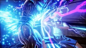 A Man Is Fighting With A Sword In Front Of A Blue Light Wallpaper