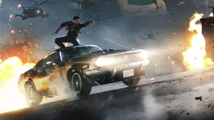 A Man Is Holding A Gun And A Car Is On Fire Wallpaper