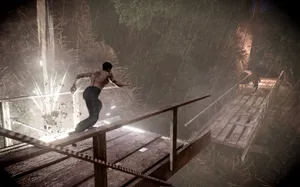 A Man Is Running On A Bridge In The Dark Wallpaper