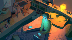 A Man Is Sitting On A Bed With A Laptop Wallpaper