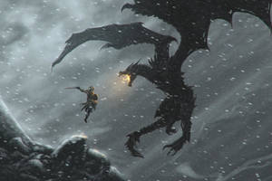 A Man Is Standing In The Snow With A Dragon Wallpaper