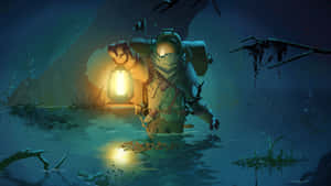 A Man Is Standing In The Water With A Lantern Wallpaper