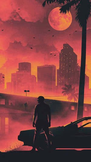 A Man Standing In Front Of A Car With A Sunset Behind It Wallpaper