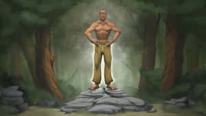A Man Standing On Top Of A Rock In The Forest Wallpaper
