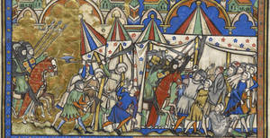 A Medieval Manuscript Showing A Scene Of A Battle Wallpaper