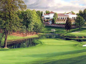 A Painting Of A Golf Course With Trees And A Pond Wallpaper