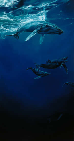 A Painting Of A Humpback Whale And Its Young Wallpaper
