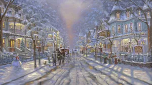 A Painting Of A Snowy Street With A Horse Drawn Carriage Wallpaper