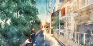 A Painting Of A Street With A Man On A Skateboard Wallpaper