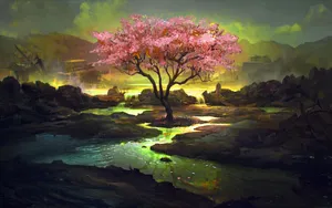 A Painting Of A Tree In A River Wallpaper