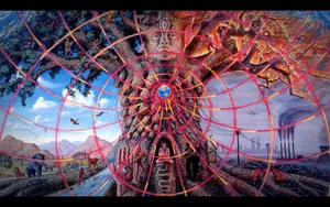 A Painting Of A Tree With A Tree In The Middle Wallpaper