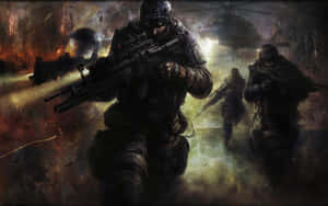 A Painting Of Soldiers In A Dark Room Wallpaper