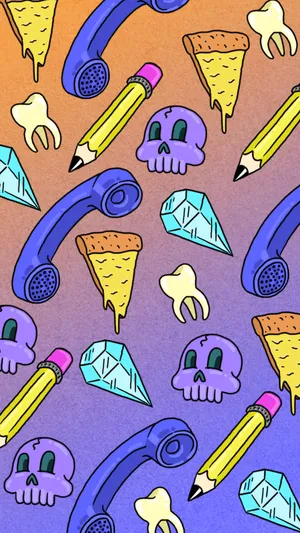 A Pattern Of A Pizza, Phone, Pencil, And Other Items Wallpaper