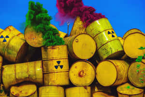 A Pile Of Yellow Barrels With Colored Smoke Wallpaper