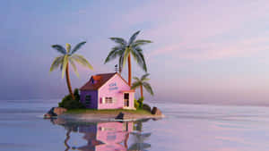 A Pink House On An Island With Palm Trees Wallpaper