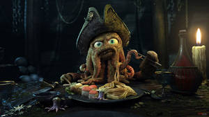 A Pirate Octopus Taking A Break From Sailing The Seven Seas And Digging Into A Delicious Dinner. Wallpaper
