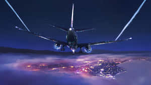 A Plane Flying Over A City Wallpaper