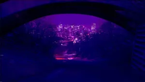 A Purple Tunnel With A City View Wallpaper
