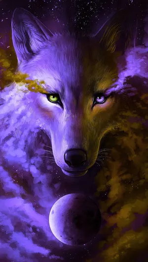 A Purple Wolf With Green Eyes And A Moon In The Background Wallpaper