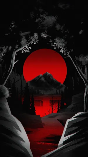 A Red Sun Is Seen In The Background Of A Forest Wallpaper