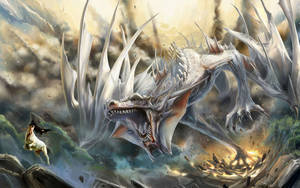 A Roaring White Dragon Snowstorms Across The Sky Of Magic The Gathering Wallpaper