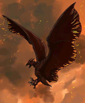 A Rodan, An Impressive And Imposing Bird-like Kaiju From The Toho Kaiju Universe, Soars Across The Sky Above. Wallpaper