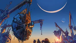 A Scene Of A City With A Large Crane Wallpaper