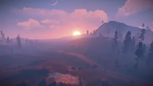 A Screenshot Of A Mountain With Trees And A Sun Setting Wallpaper