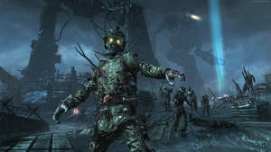 A Screenshot Of A Zombie In A City With Robots Wallpaper