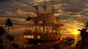 A Ship Sails Off Into The Sunset Amid A Sea Of Calm Wallpaper