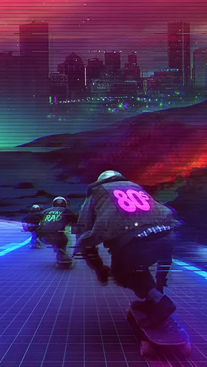 A Skateboarder Is Riding Down A Street With Neon Lights Wallpaper