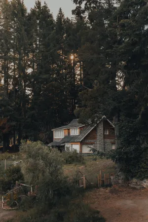 A Small Cottage Sits Peacefully In The Midst Of A Dense Forest At Sunrise. Wallpaper