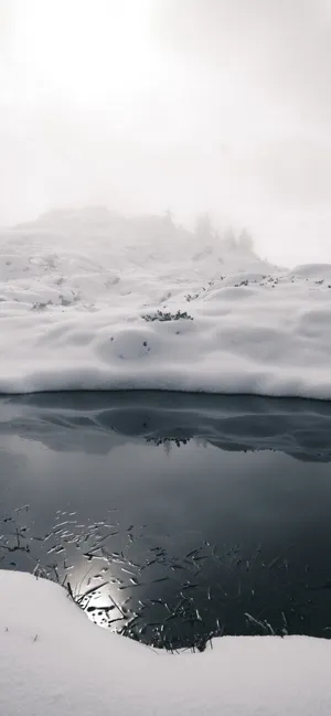 A Snow Covered Lake With A Reflection Wallpaper