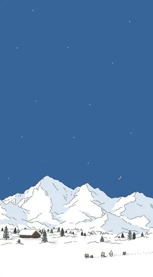 A Snowy Landscape With Sheep And A Mountain Wallpaper